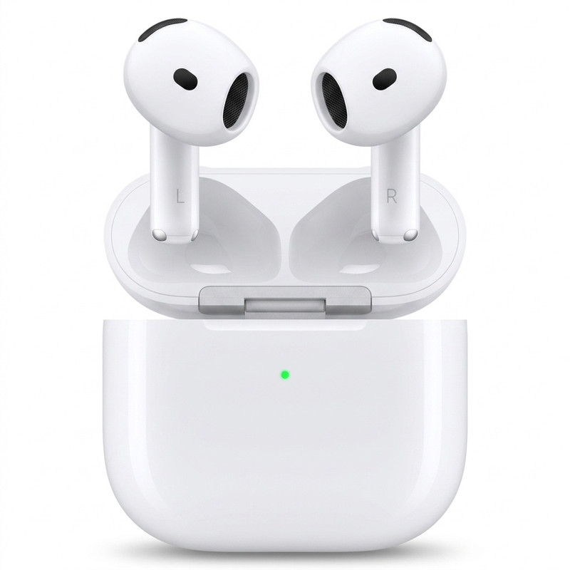 هدفون بلوتوثی اپل مدل AirPods 4 دارای نویز کنسلینگ، درگاه شارژ USB-Type-C و شارژ بی سیم، با قابلیت اتصال به چند دستگاه، پشتیبانی از فرمان لمسی و دستیار صوتی، نشانگر LED، مقاوم در برابر پاشش آب و گرد و غبار